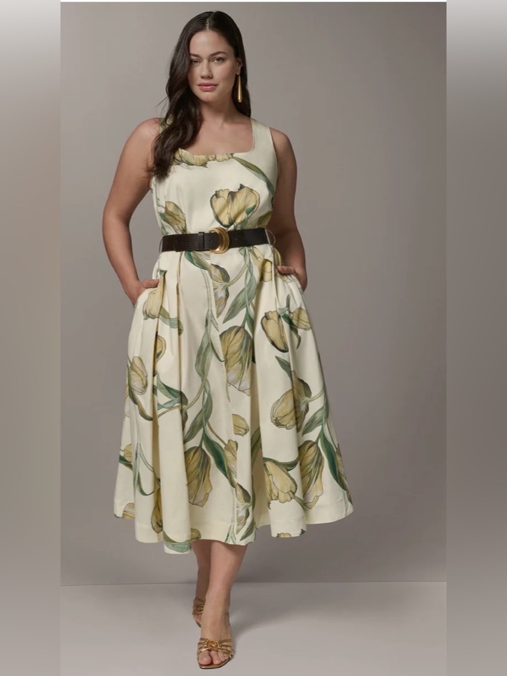 Donna Karan New York Women's Cotton- Sateen A Line Yellow Tulip Print Midi Dress